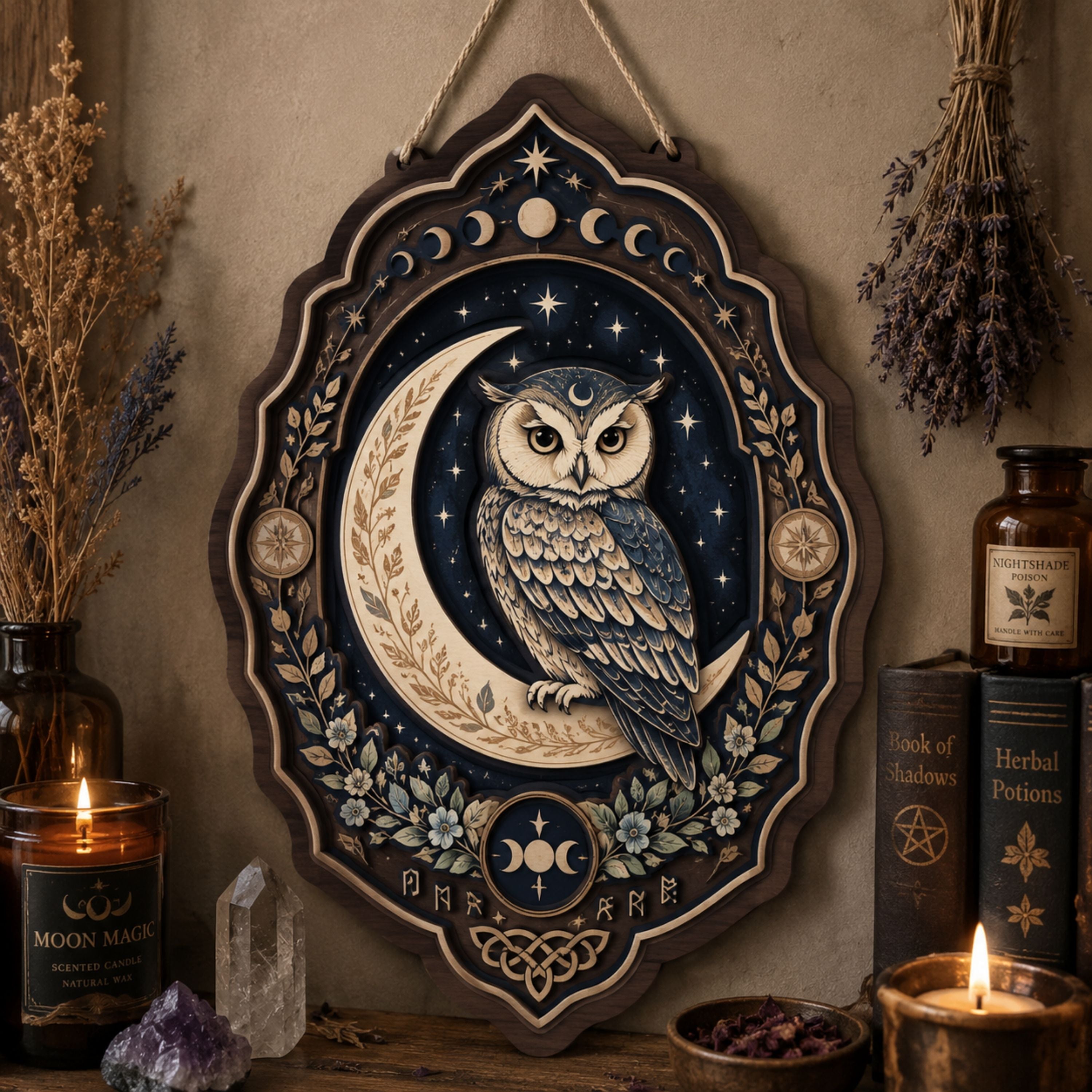 Celestial Owl Wooden Sign - Mystical Moon Wall Decor with Stars, Botanicals & Lunar Phases