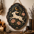 Celestial Hare Wooden Sign - Mystical Floral Wall Decor with Crescent Moon, Stars & Celtic Knots