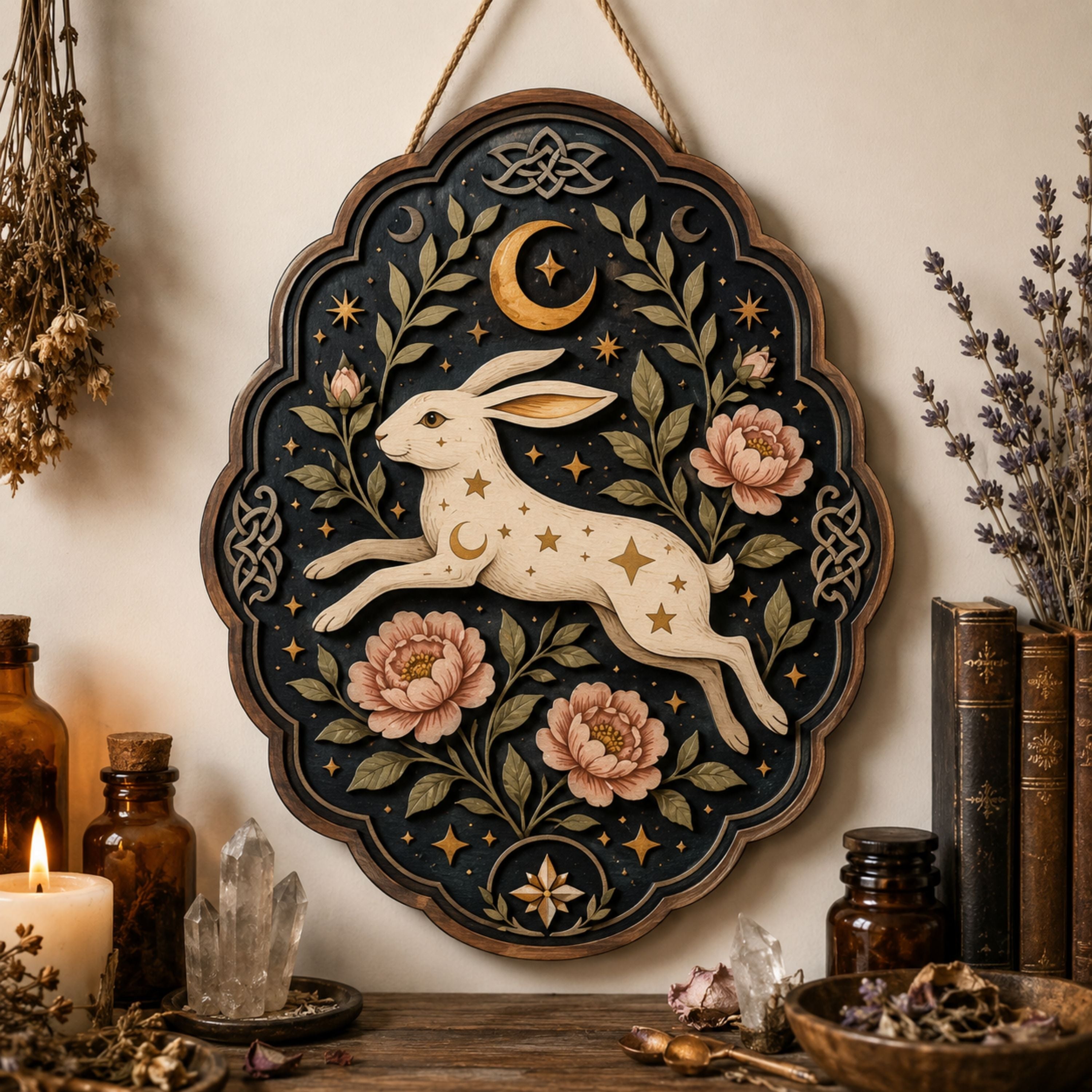 Celestial Hare Wooden Sign - Mystical Floral Wall Decor with Crescent Moon, Stars & Celtic Knots