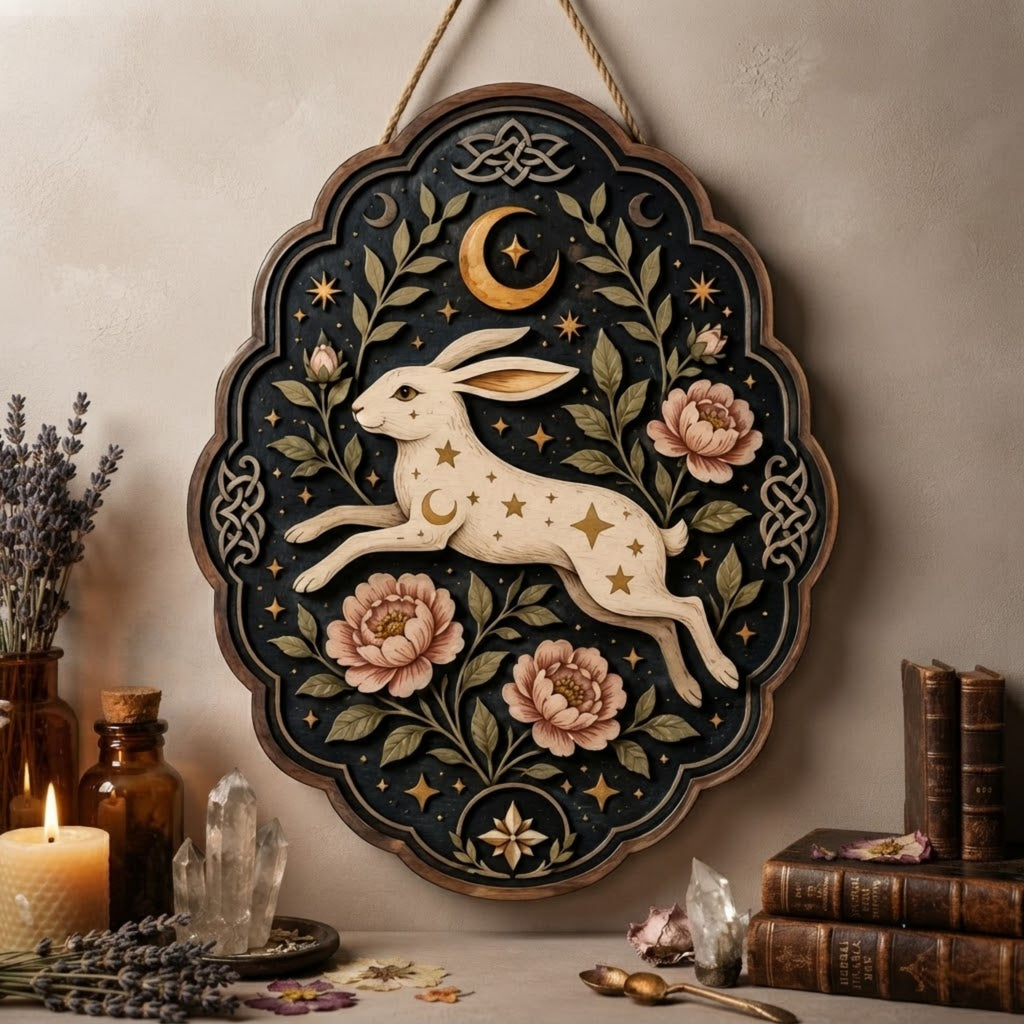 Celestial Hare Wooden Sign - Mystical Floral Wall Decor with Crescent Moon, Stars & Celtic Knots