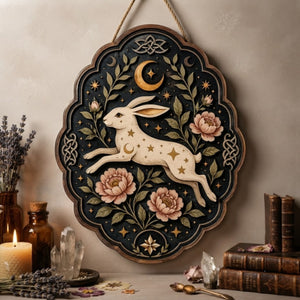 Celestial Hare Wooden Sign - Mystical Floral Wall Decor with Crescent Moon, Stars & Celtic Knots