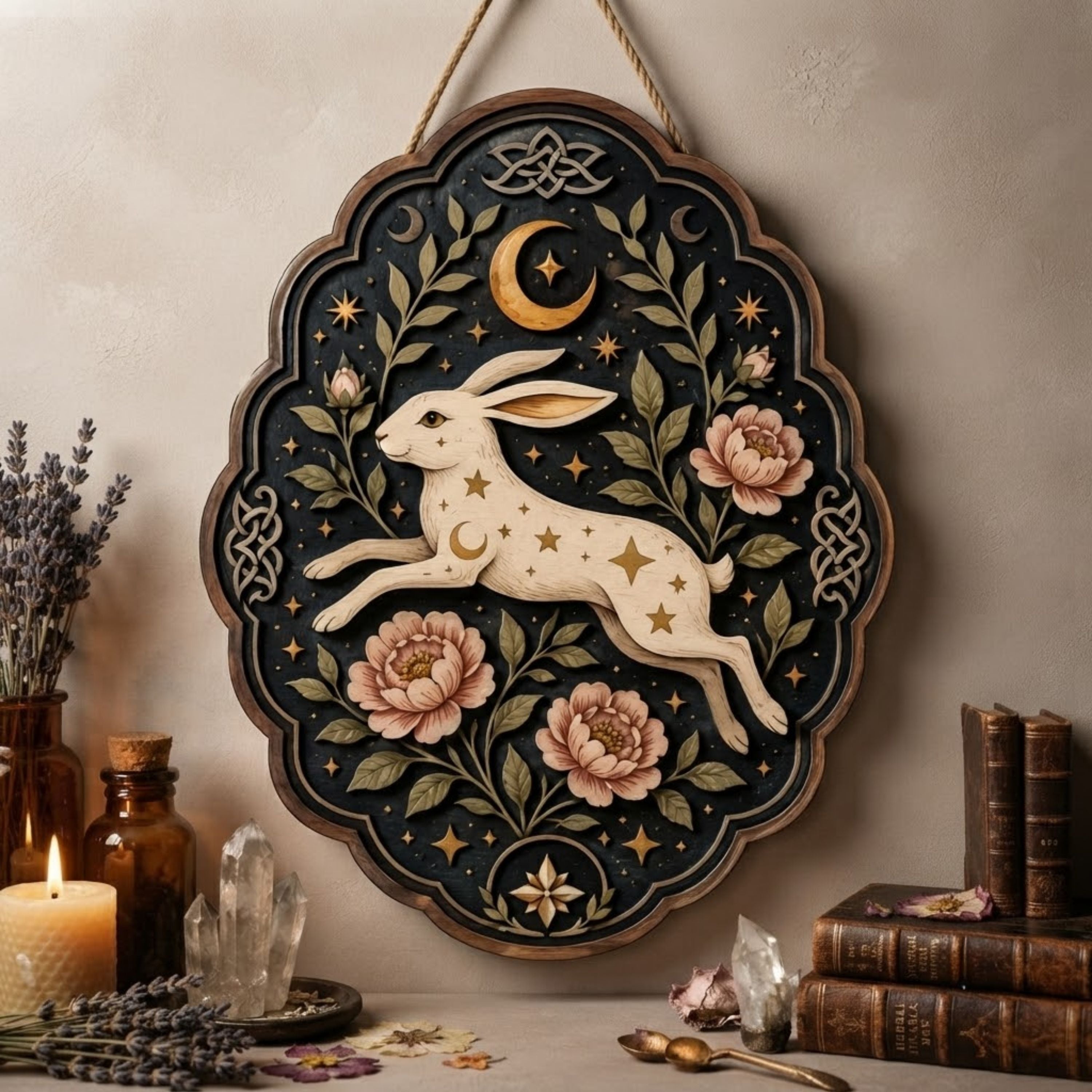 Celestial Hare Wooden Sign - Mystical Floral Wall Decor with Crescent Moon, Stars & Celtic Knots