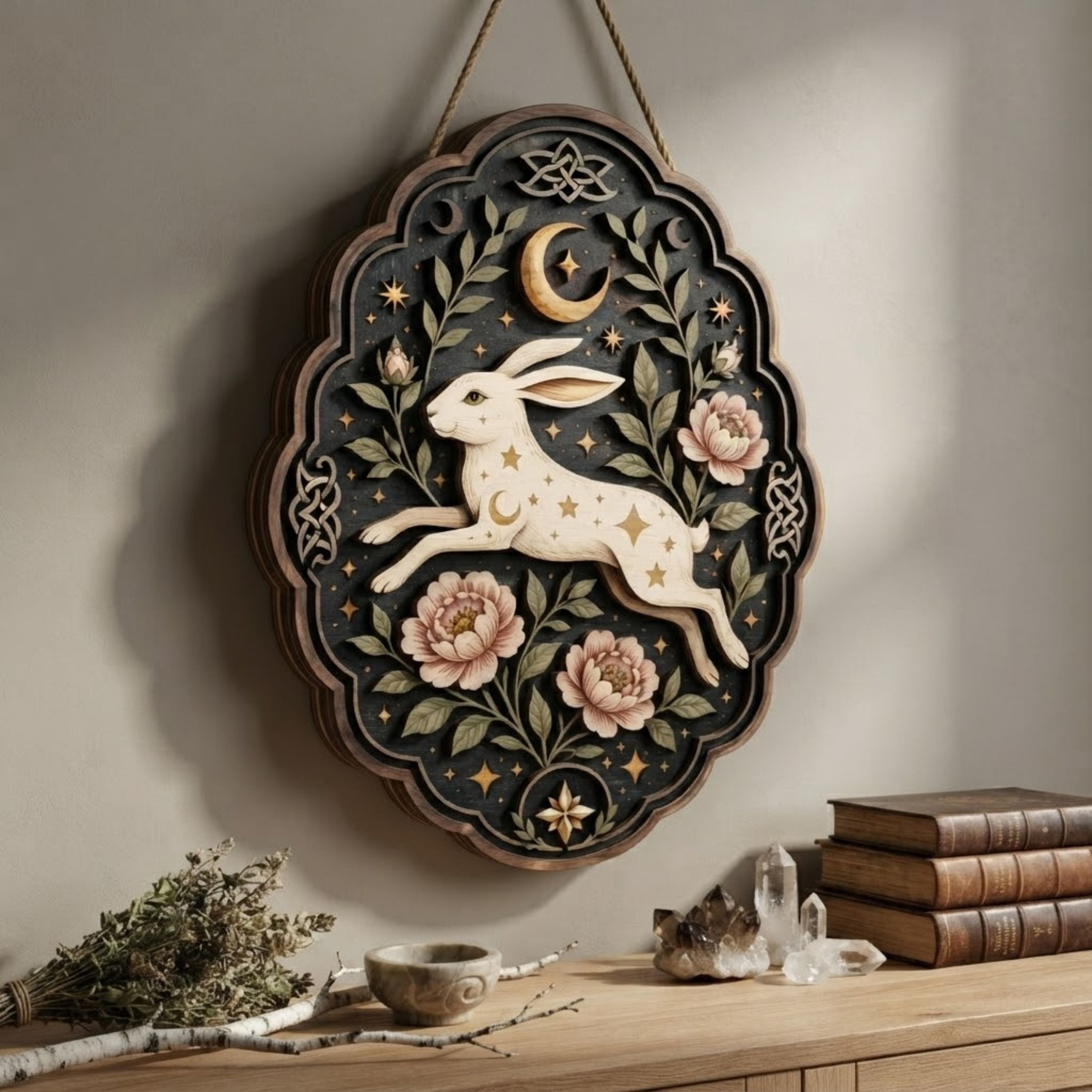 Celestial Hare Wooden Sign - Mystical Floral Wall Decor with Crescent Moon, Stars & Celtic Knots