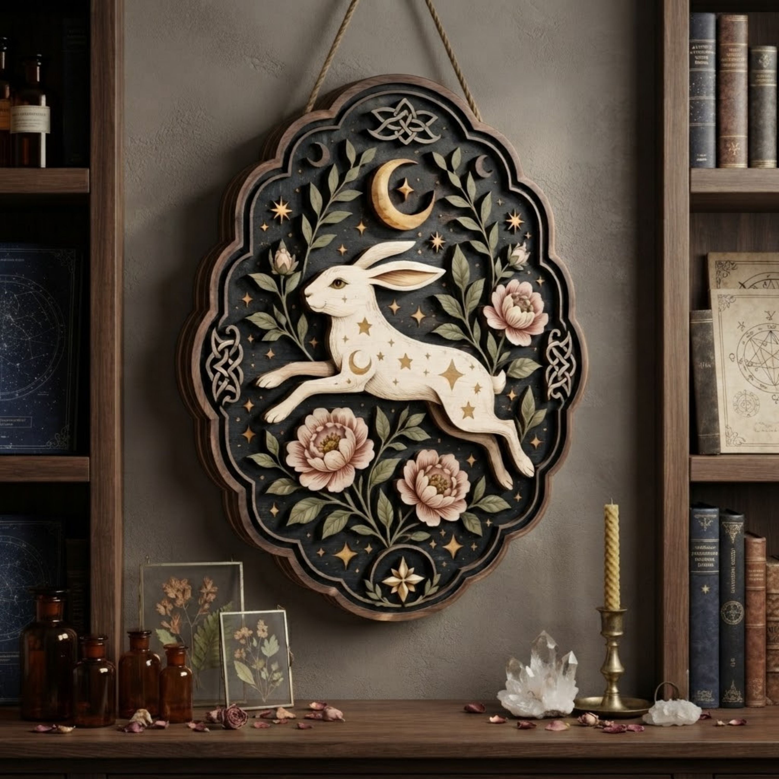 Celestial Hare Wooden Sign - Mystical Floral Wall Decor with Crescent Moon, Stars & Celtic Knots