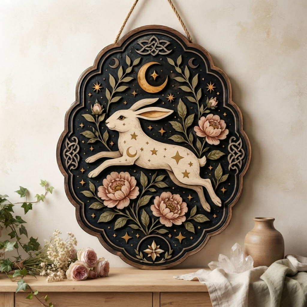 Celestial Hare Wooden Sign - Mystical Floral Wall Decor with Crescent Moon, Stars & Celtic Knots