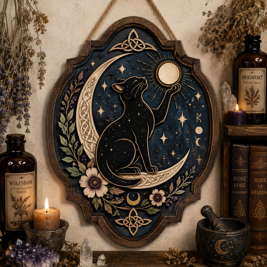 Black Cat Moon Wooden Sign - Mystical Celestial Wall Decor with Crescent Moon, Stars & Botanicals