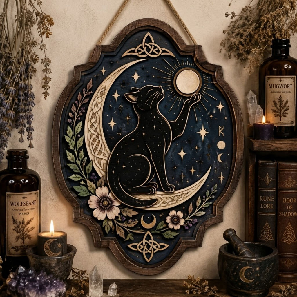 Black Cat Moon Wooden Sign - Mystical Celestial Wall Decor with Crescent Moon, Stars & Botanicals