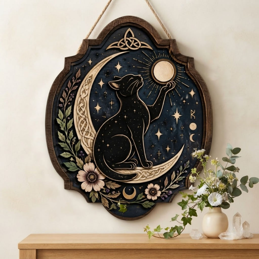 Black Cat Moon Wooden Sign - Mystical Celestial Wall Decor with Crescent Moon, Stars & Botanicals
