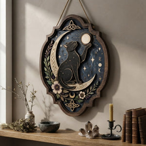 Black Cat Moon Wooden Sign - Mystical Celestial Wall Decor with Crescent Moon, Stars & Botanicals