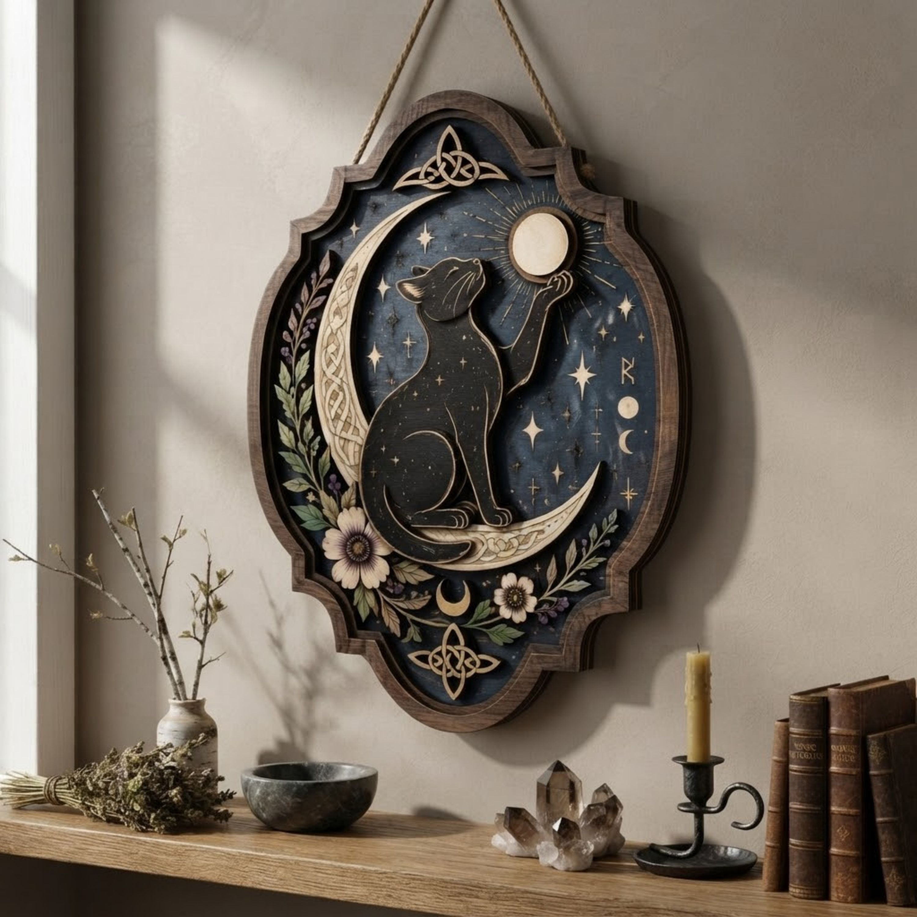 Black Cat Moon Wooden Sign - Mystical Celestial Wall Decor with Crescent Moon, Stars & Botanicals