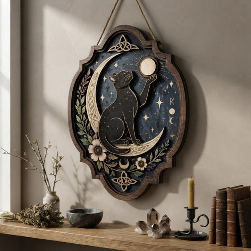 Black Cat Moon Wooden Sign - Mystical Celestial Wall Decor with Crescent Moon, Stars & Botanicals