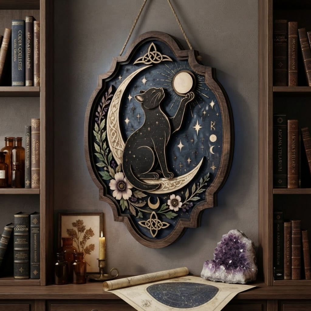 Black Cat Moon Wooden Sign - Mystical Celestial Wall Decor with Crescent Moon, Stars & Botanicals