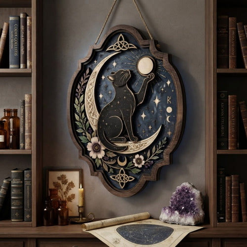 Black Cat Moon Wooden Sign - Mystical Celestial Wall Decor with Crescent Moon, Stars & Botanicals