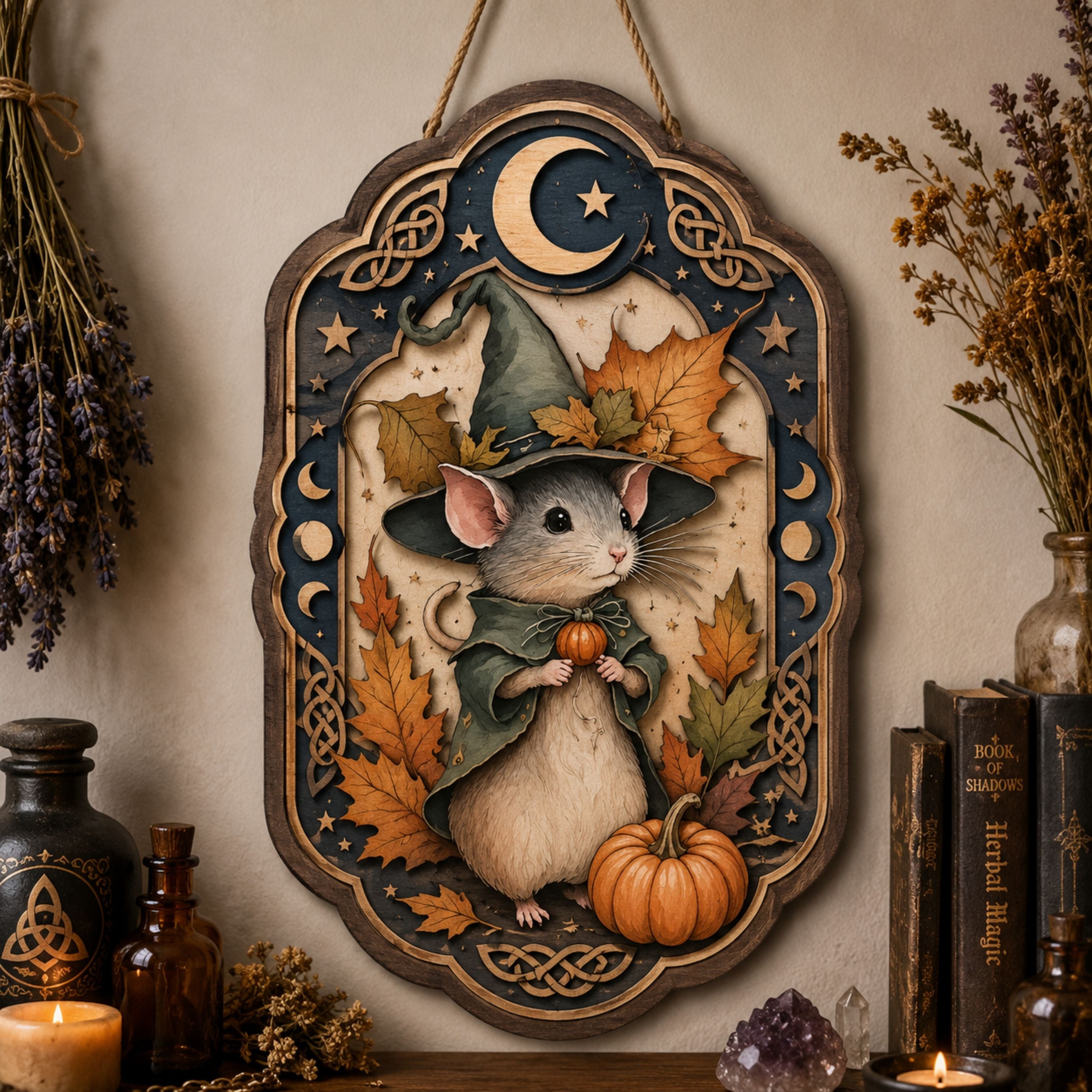Autumn Witch Mouse Wooden Sign - Whimsical Fall Wall Decor with Pumpkin, Maple Leaves & Crescent Moon