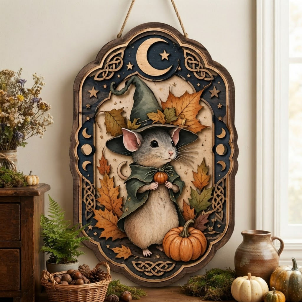 Autumn Witch Mouse Wooden Sign - Whimsical Fall Wall Decor with Pumpkin, Maple Leaves & Crescent Moon