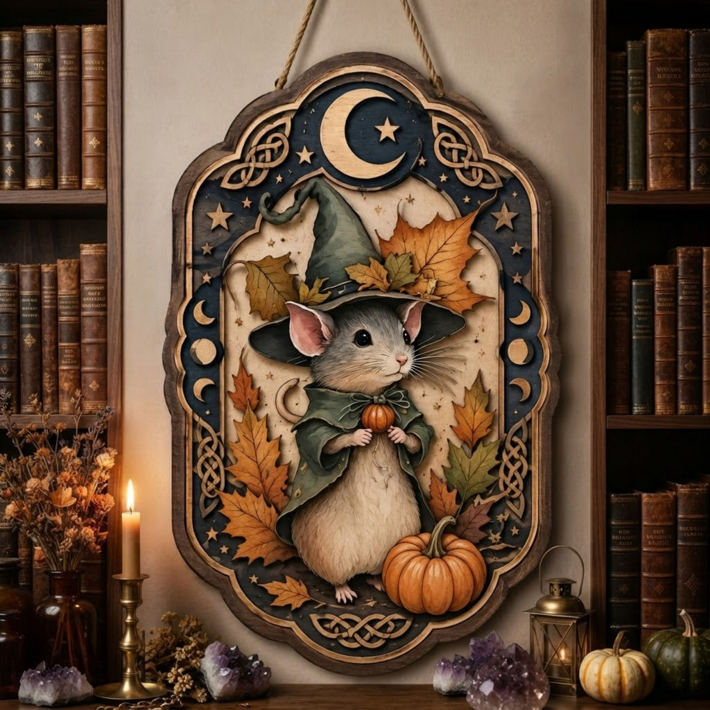 Autumn Witch Mouse Wooden Sign - Whimsical Fall Wall Decor with Pumpkin, Maple Leaves & Crescent Moon