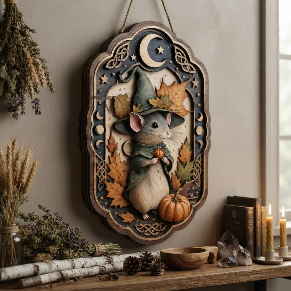 Autumn Witch Mouse Wooden Sign - Whimsical Fall Wall Decor with Pumpkin, Maple Leaves & Crescent Moon
