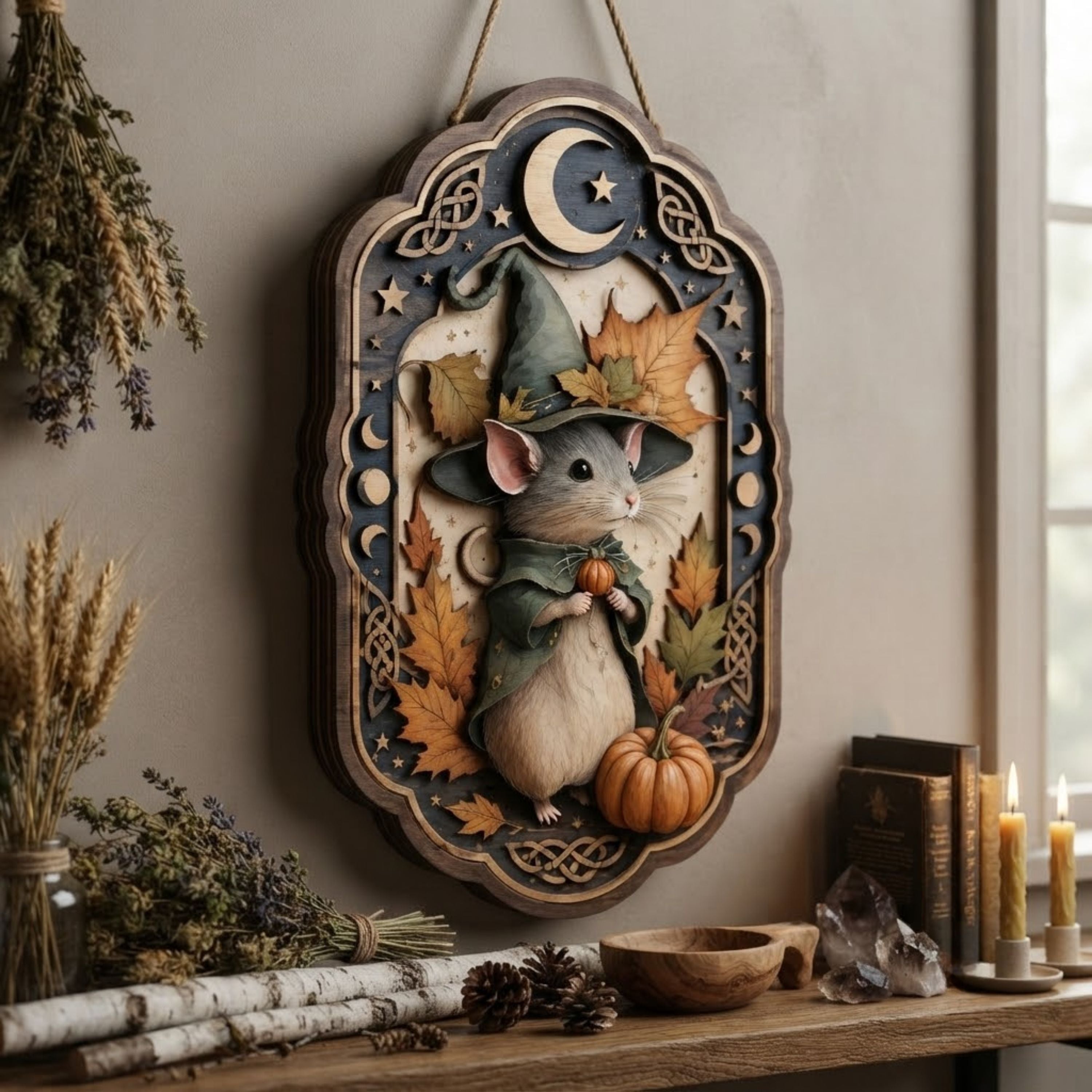 Autumn Witch Mouse Wooden Sign - Whimsical Fall Wall Decor with Pumpkin, Maple Leaves & Crescent Moon