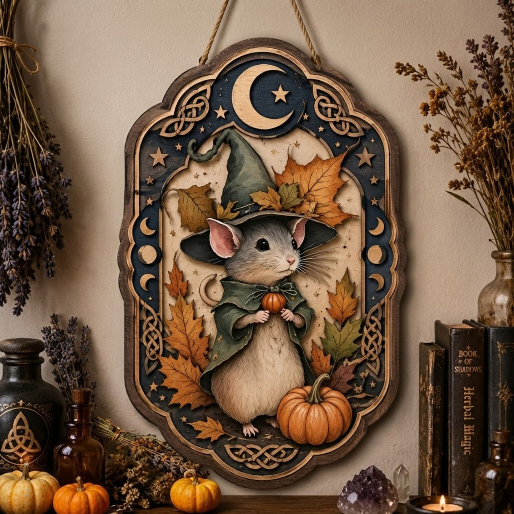 Autumn Witch Mouse Wooden Sign - Whimsical Fall Wall Decor with Pumpkin, Maple Leaves & Crescent Moon