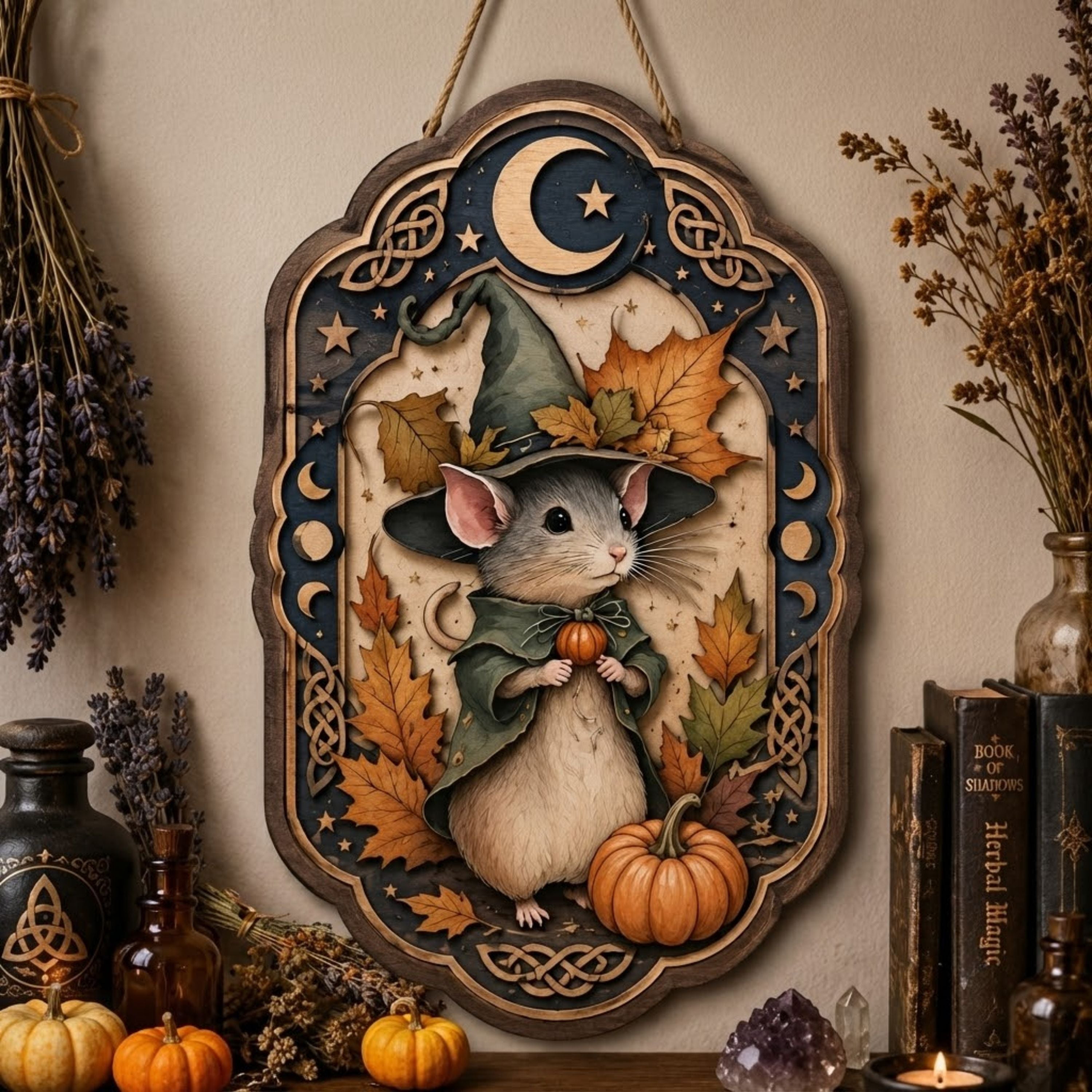 Autumn Witch Mouse Wooden Sign - Whimsical Fall Wall Decor with Pumpkin, Maple Leaves & Crescent Moon