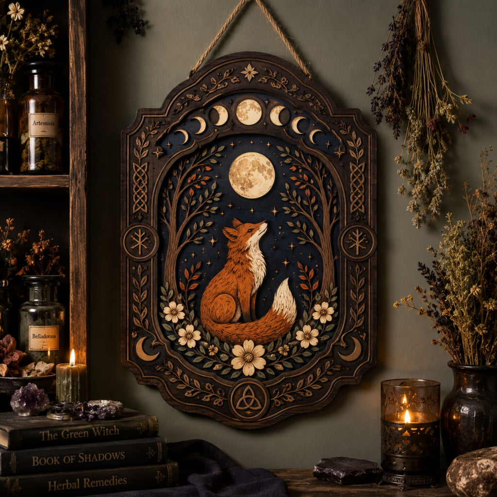 Moonlit Fox Wooden Sign - Mystical Woodland Wall Decor with Lunar Phases, Wildflowers & Celtic Knots