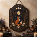 Moonlit Fox Wooden Sign - Mystical Woodland Wall Decor with Lunar Phases, Wildflowers & Celtic Knots