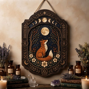 Moonlit Fox Wooden Sign - Mystical Woodland Wall Decor with Lunar Phases, Wildflowers & Celtic Knots