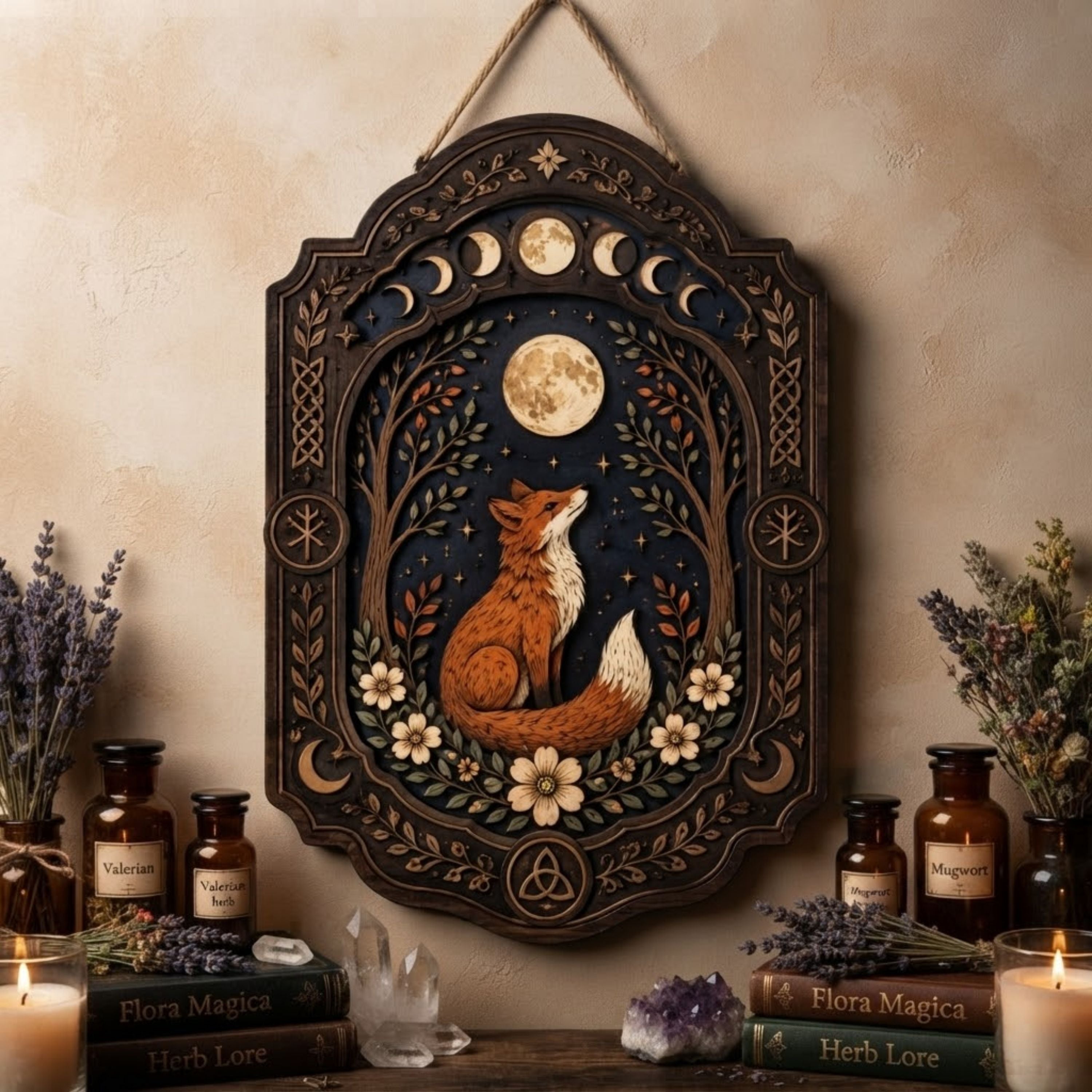 Moonlit Fox Wooden Sign - Mystical Woodland Wall Decor with Lunar Phases, Wildflowers & Celtic Knots