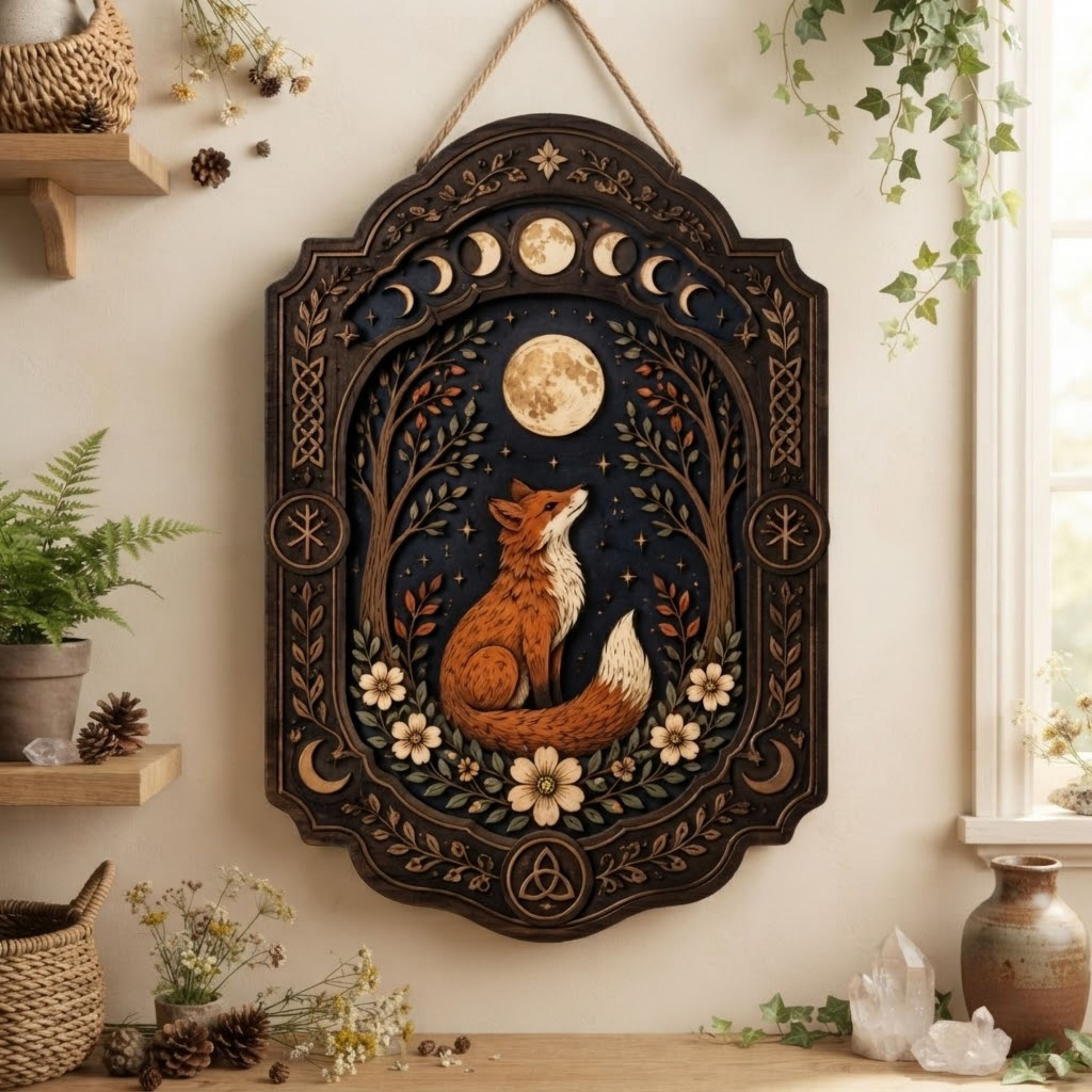 Moonlit Fox Wooden Sign - Mystical Woodland Wall Decor with Lunar Phases, Wildflowers & Celtic Knots