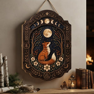 Moonlit Fox Wooden Sign - Mystical Woodland Wall Decor with Lunar Phases, Wildflowers & Celtic Knots