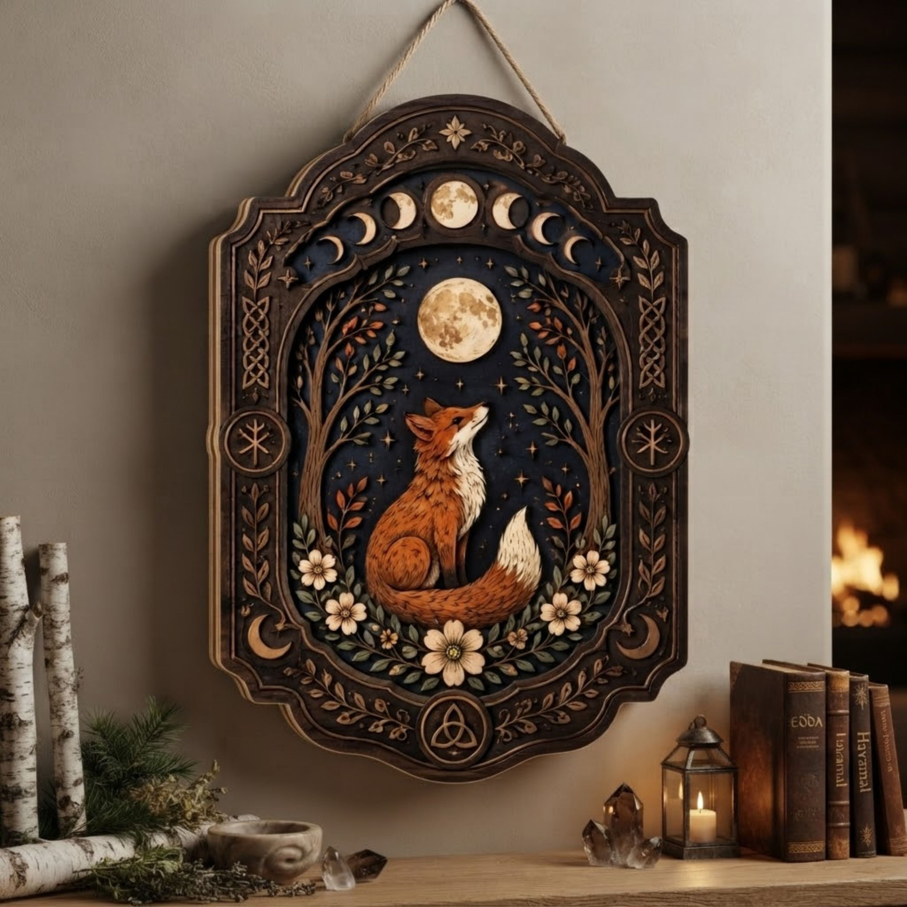 Moonlit Fox Wooden Sign - Mystical Woodland Wall Decor with Lunar Phases, Wildflowers & Celtic Knots