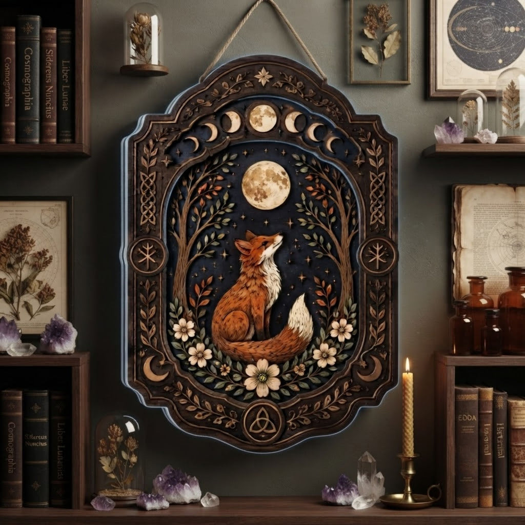 Moonlit Fox Wooden Sign - Mystical Woodland Wall Decor with Lunar Phases, Wildflowers & Celtic Knots