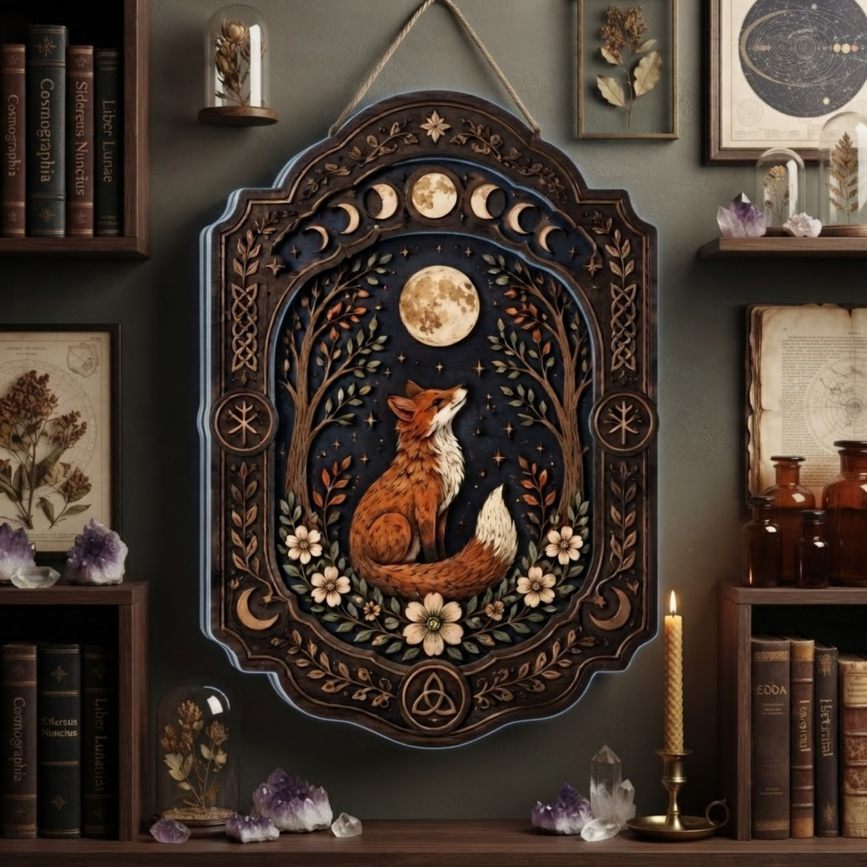 Moonlit Fox Wooden Sign - Mystical Woodland Wall Decor with Lunar Phases, Wildflowers & Celtic Knots