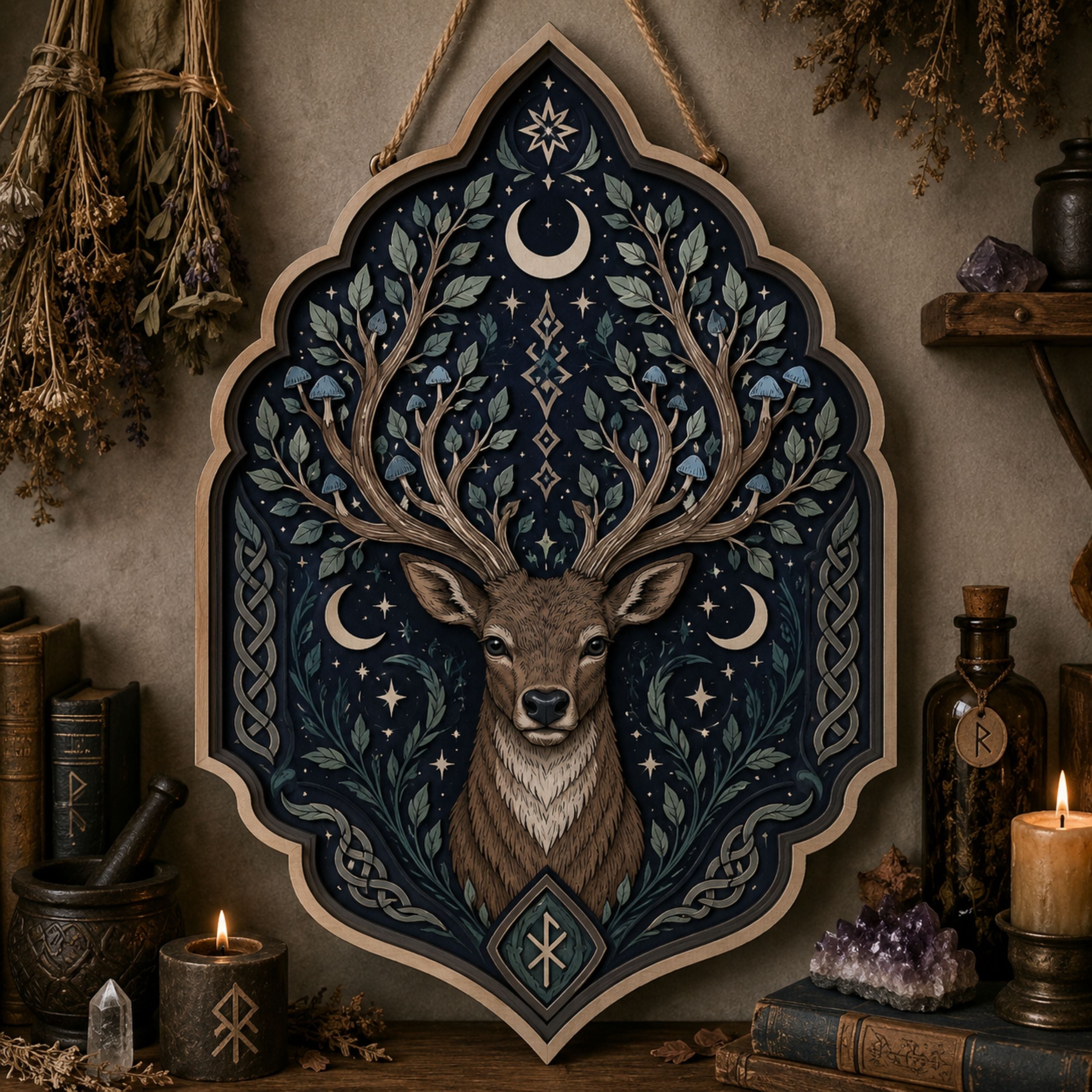 Celestial Stag Wooden Sign - Mystical Forest Wall Decor with Branch Antlers, Moons & Mushrooms