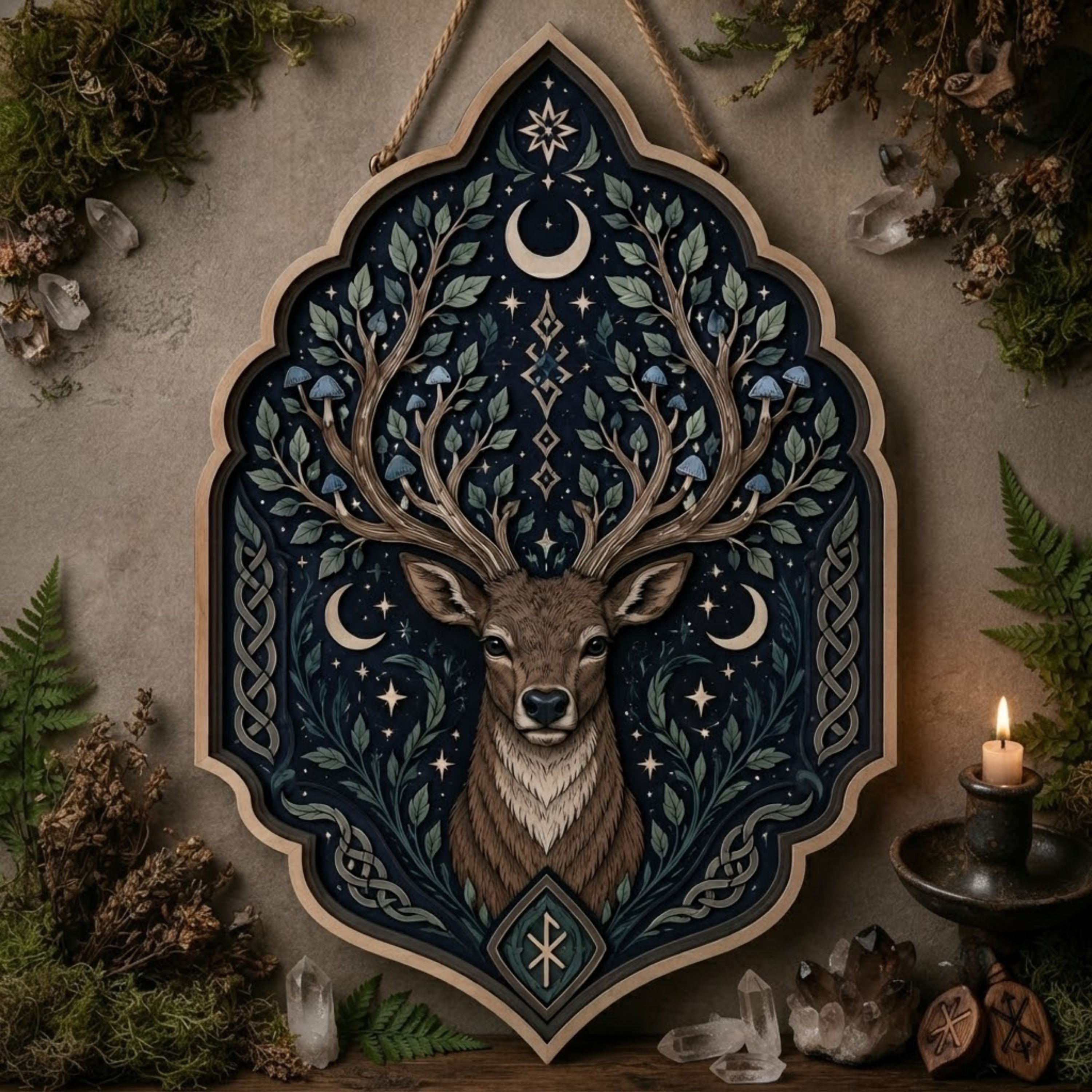 Celestial Stag Wooden Sign - Mystical Forest Wall Decor with Branch Antlers, Moons & Mushrooms