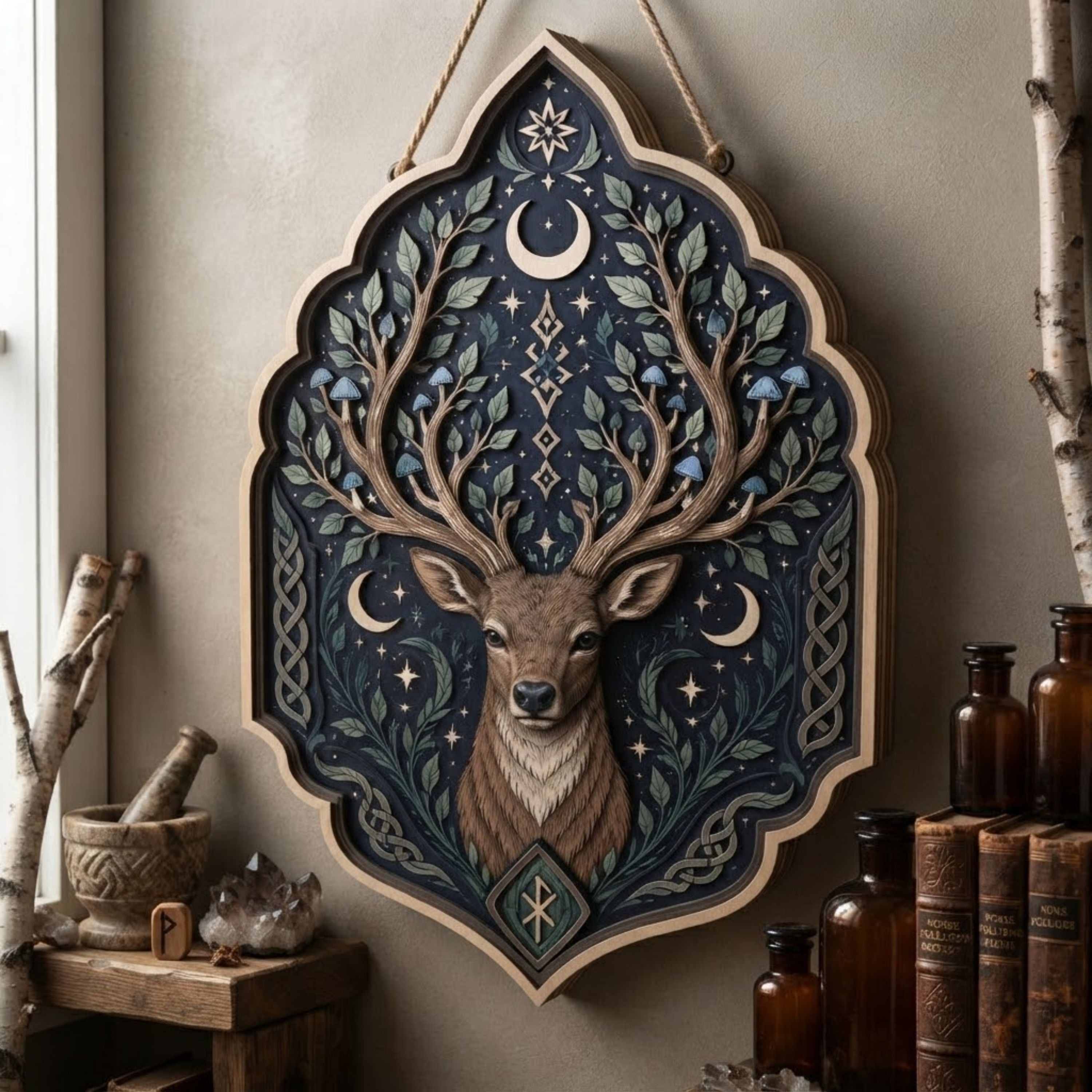 Celestial Stag Wooden Sign - Mystical Forest Wall Decor with Branch Antlers, Moons & Mushrooms