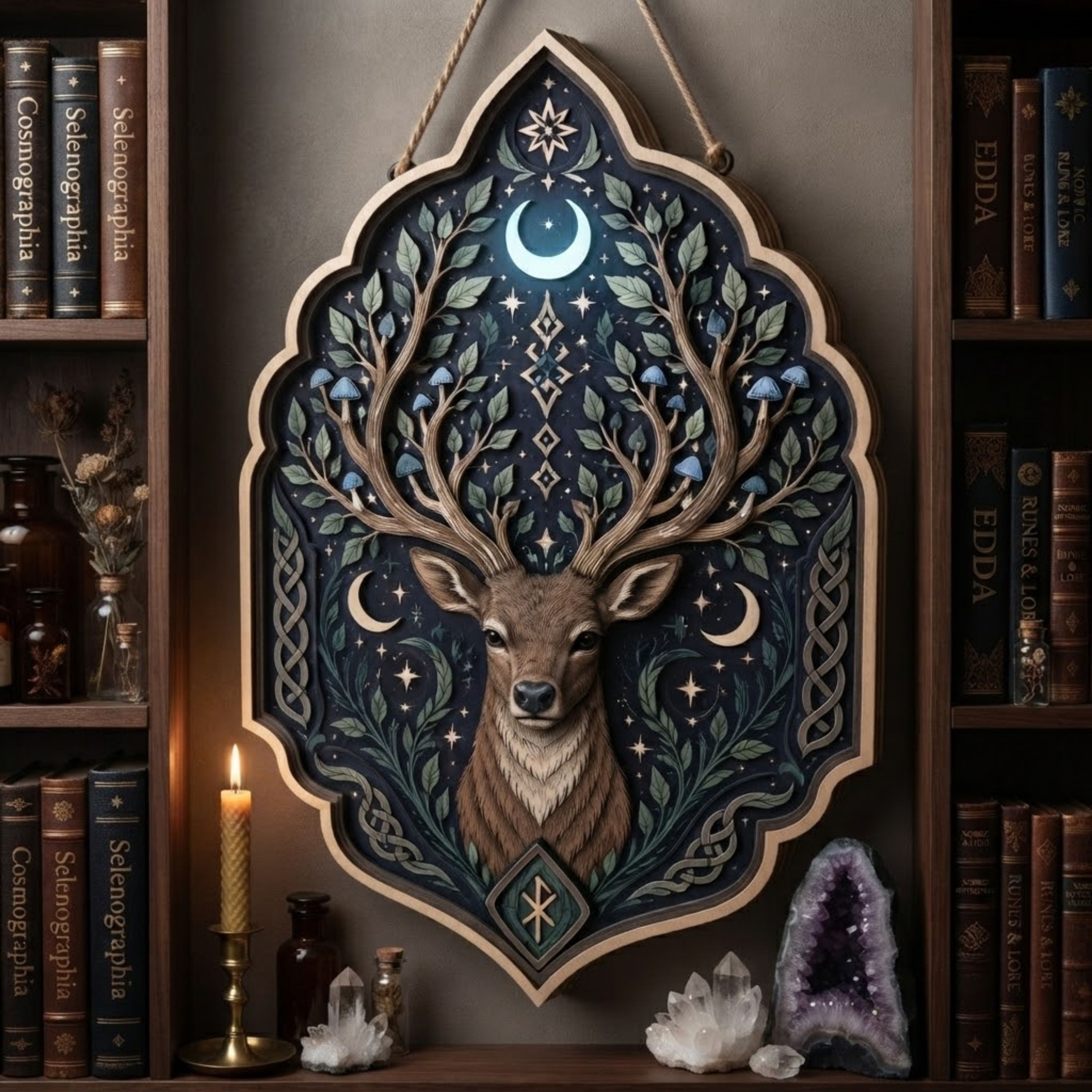 Celestial Stag Wooden Sign - Mystical Forest Wall Decor with Branch Antlers, Moons & Mushrooms