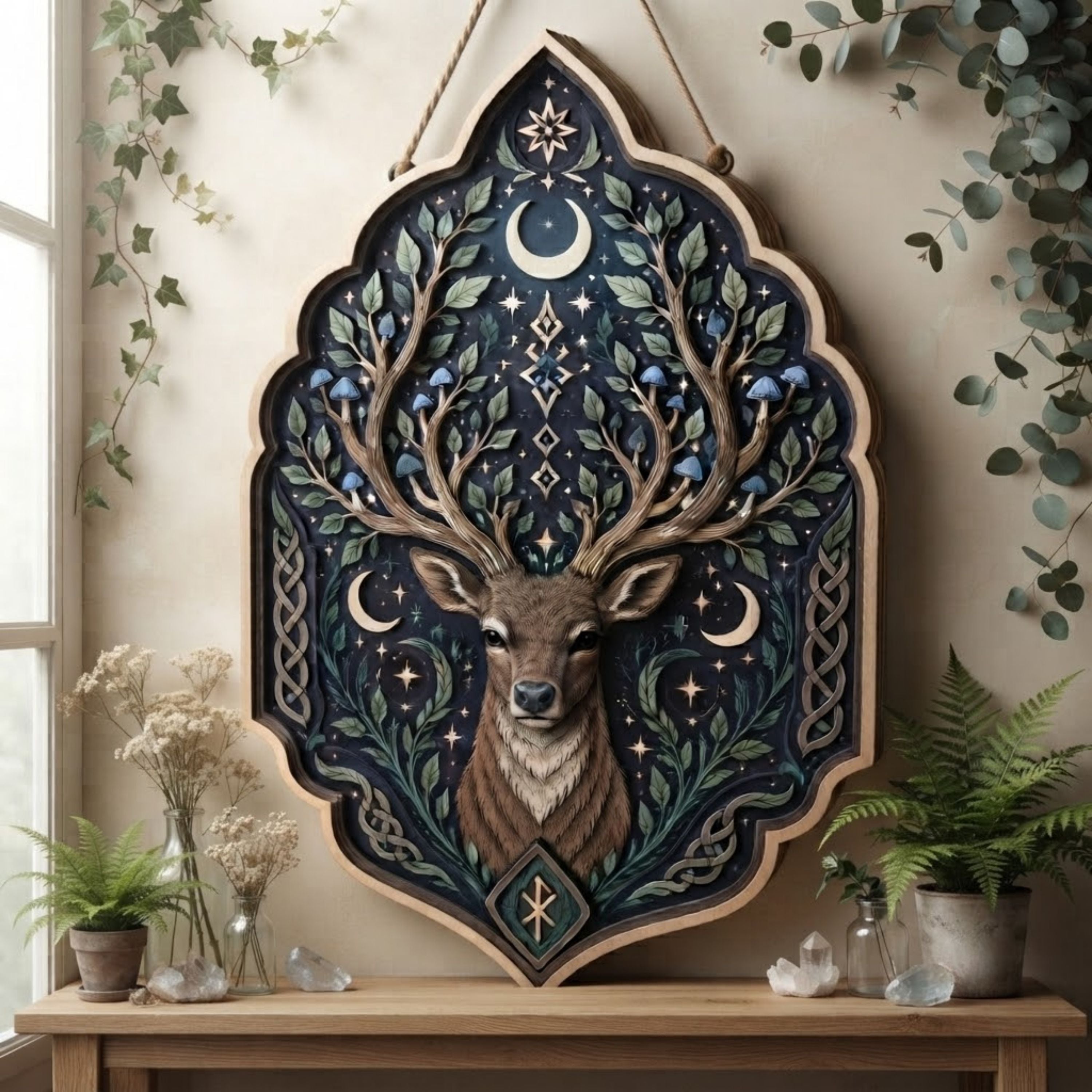 Celestial Stag Wooden Sign - Mystical Forest Wall Decor with Branch Antlers, Moons & Mushrooms