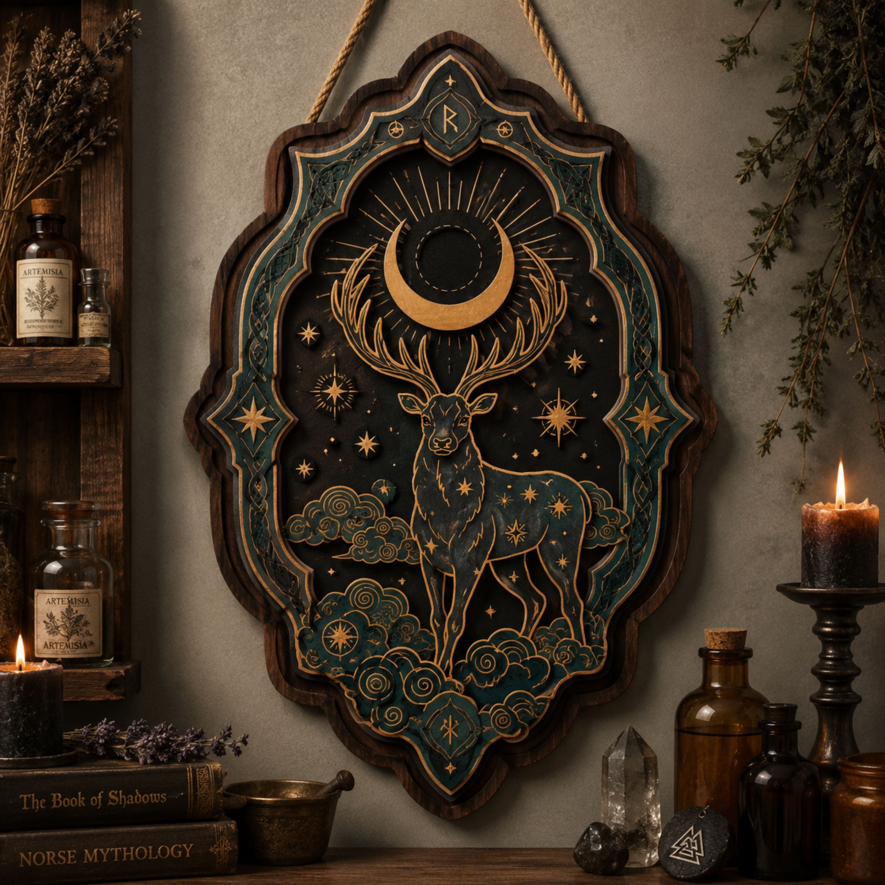 Celestial Stag Wooden Sign - Mystical Norse Wall Decor with Eclipse Moon, Stars & Clouds