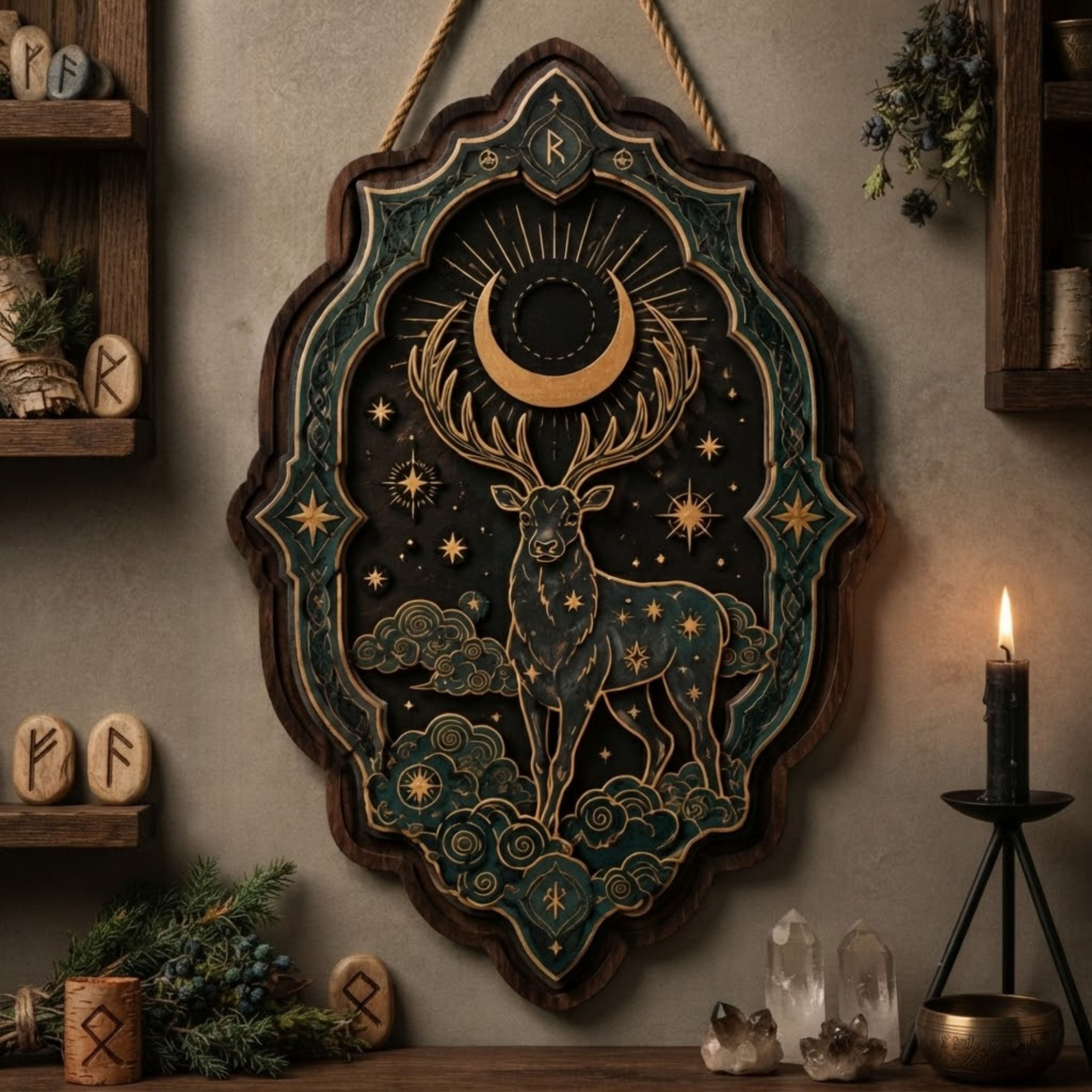 Celestial Stag Wooden Sign - Mystical Norse Wall Decor with Eclipse Moon, Stars & Clouds