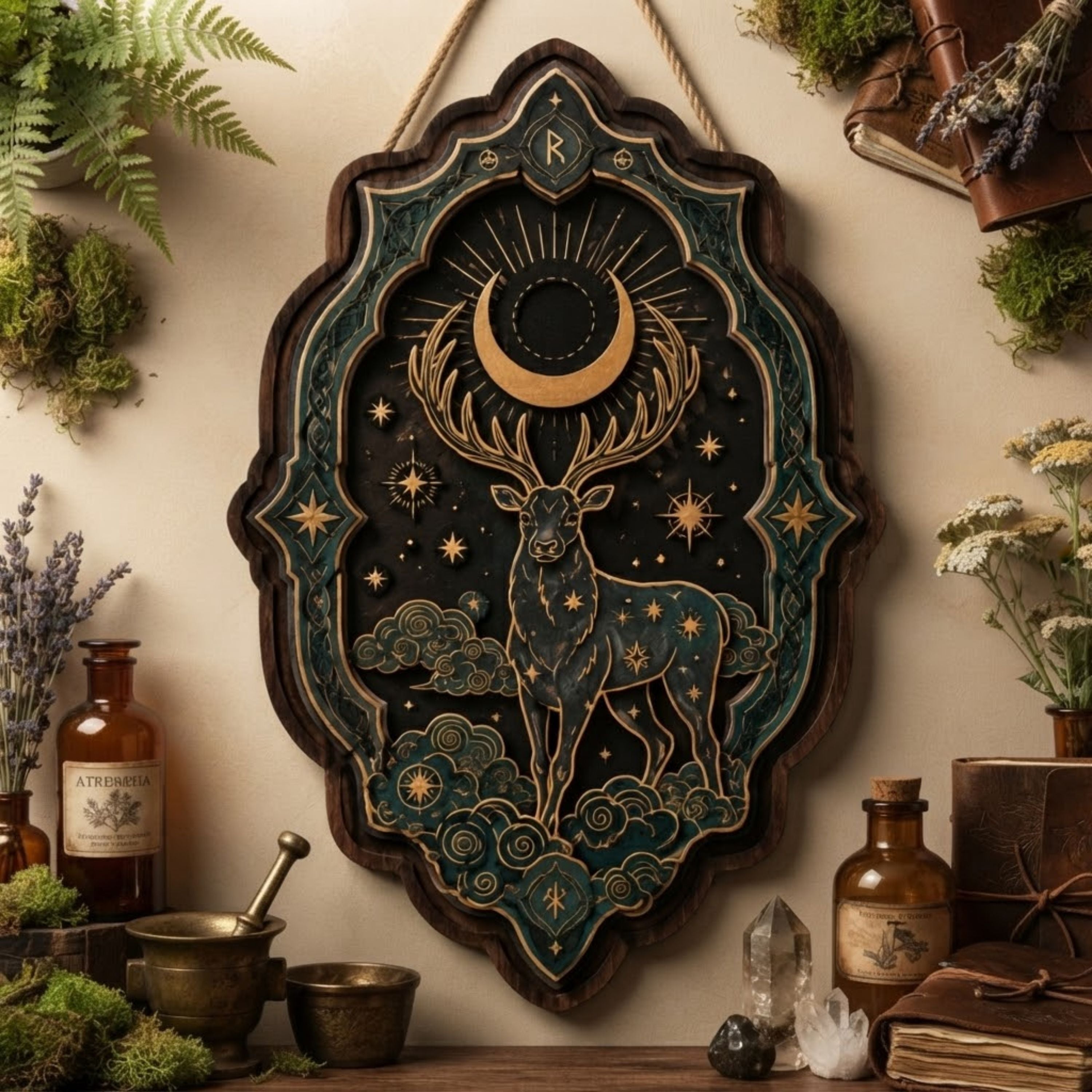 Celestial Stag Wooden Sign - Mystical Norse Wall Decor with Eclipse Moon, Stars & Clouds