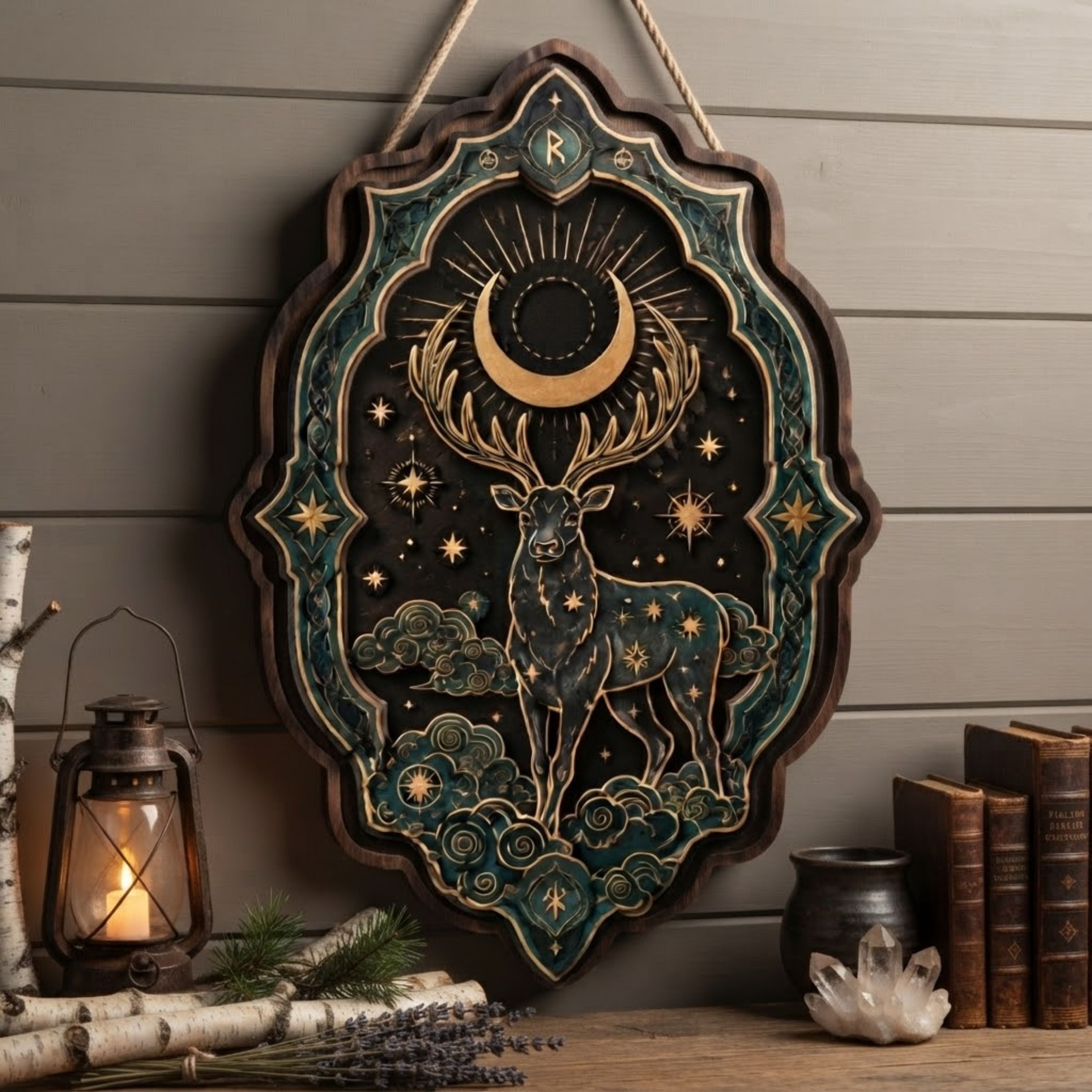 Celestial Stag Wooden Sign - Mystical Norse Wall Decor with Eclipse Moon, Stars & Clouds