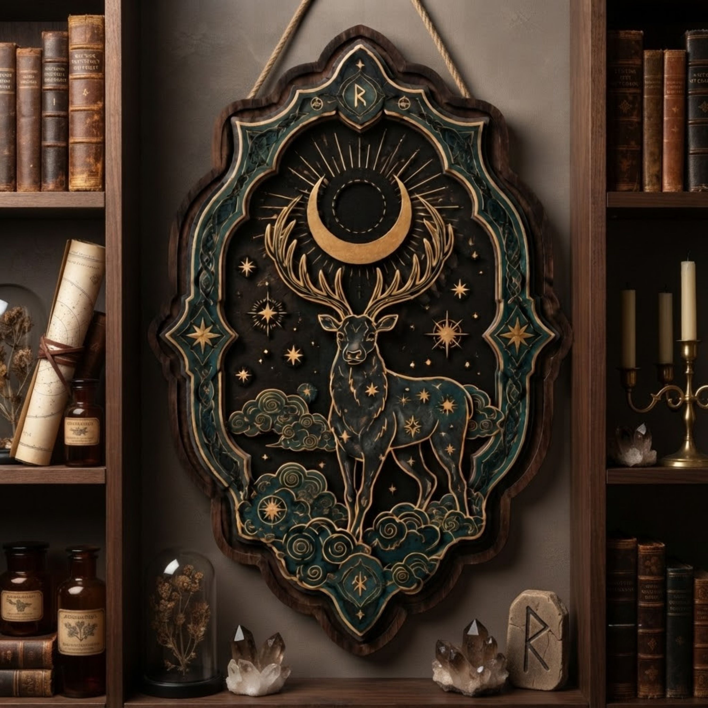 Celestial Stag Wooden Sign - Mystical Norse Wall Decor with Eclipse Moon, Stars & Clouds