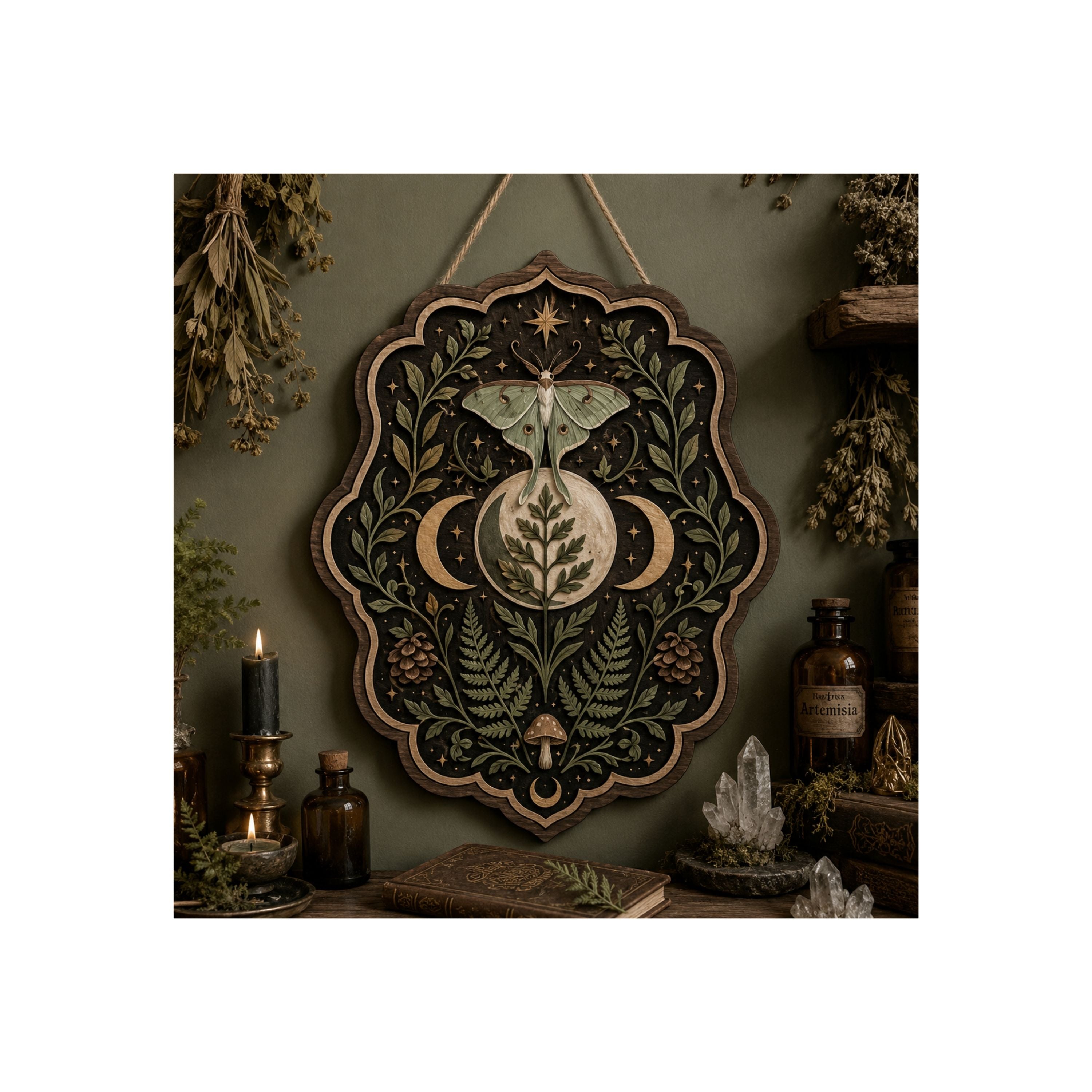 Luna Moth Triple Moon Wooden Sign - Mystical Botanical Wall Decor with Ferns, Pinecones & Mushroom