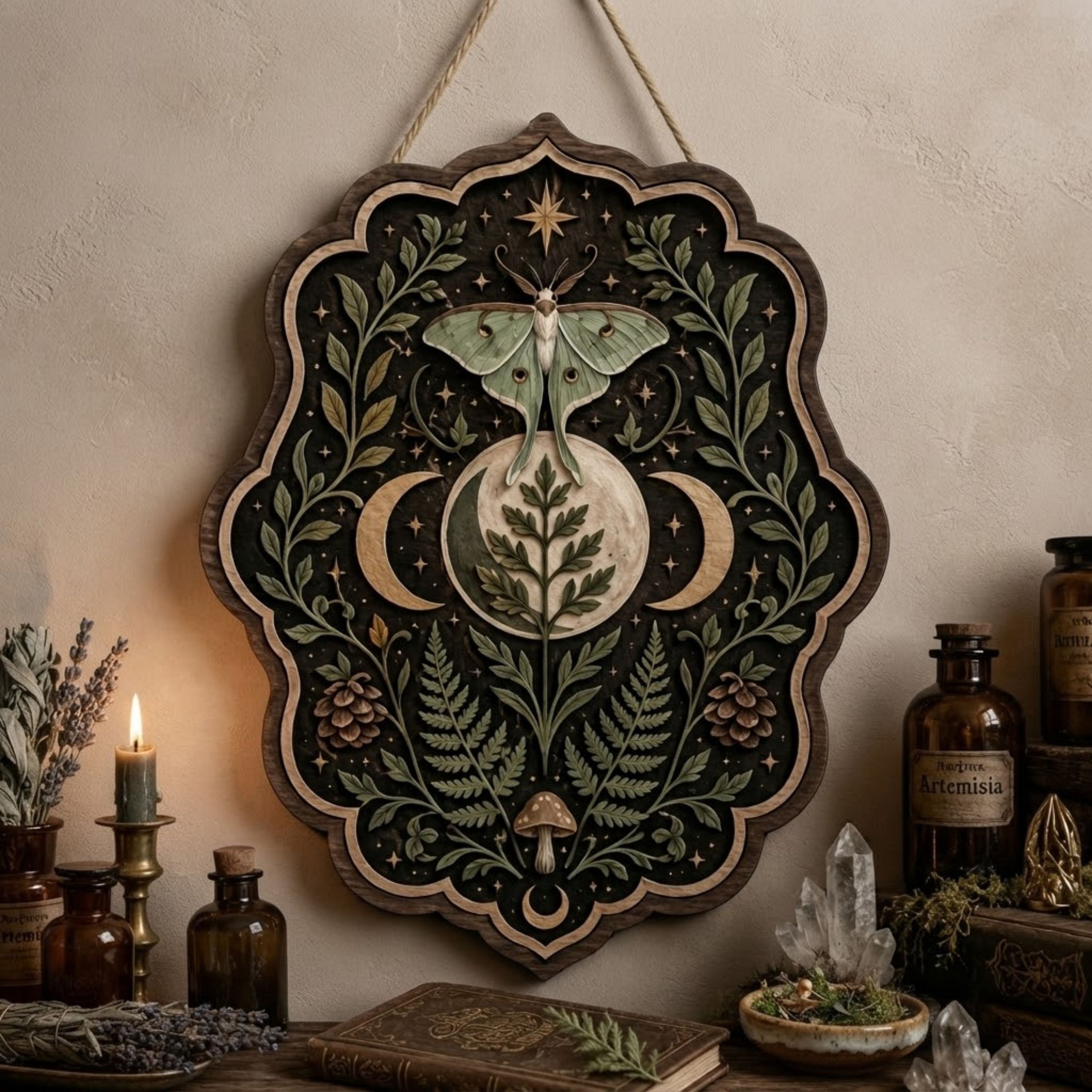 Luna Moth Triple Moon Wooden Sign - Mystical Botanical Wall Decor with Ferns, Pinecones & Mushroom
