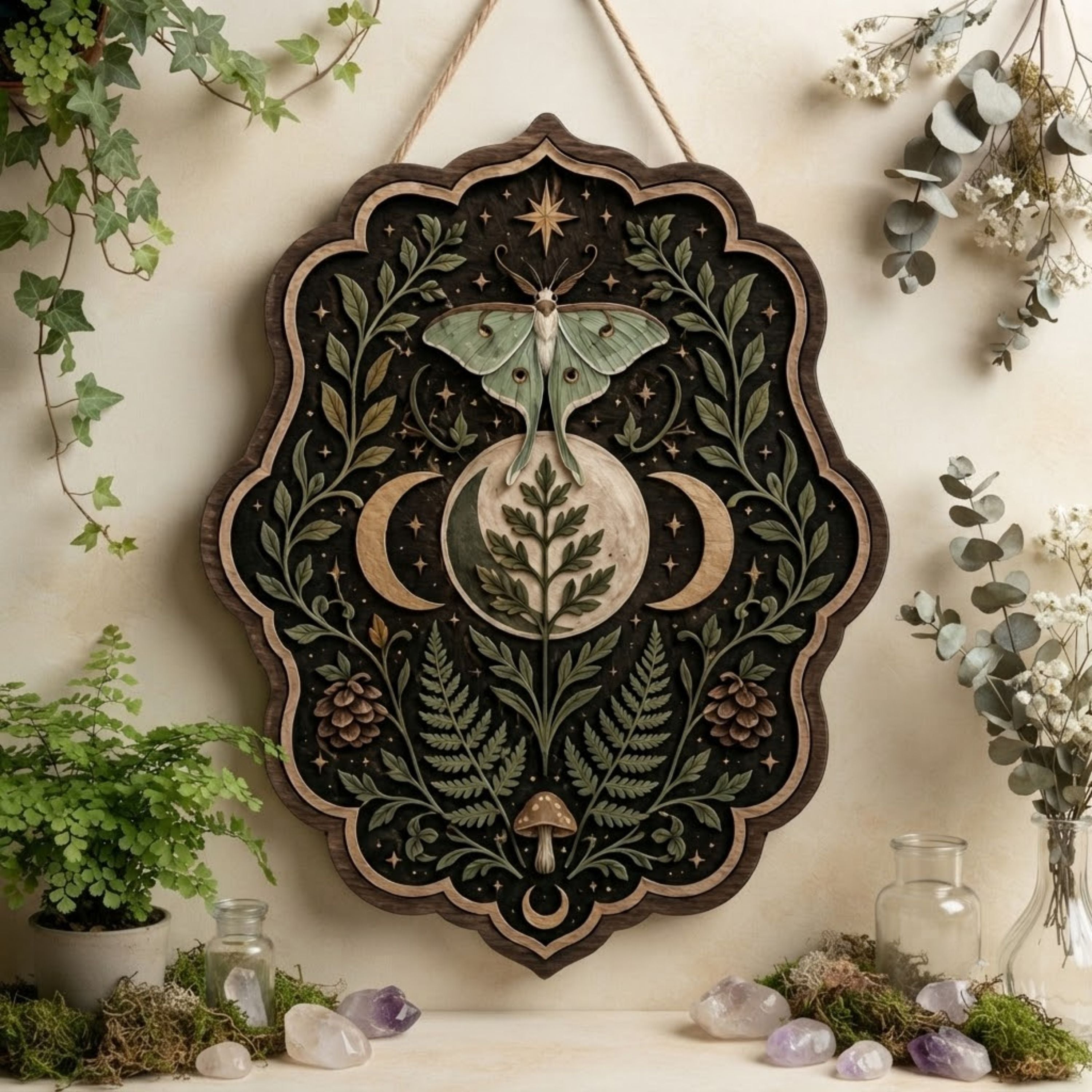 Luna Moth Triple Moon Wooden Sign - Mystical Botanical Wall Decor with Ferns, Pinecones & Mushroom