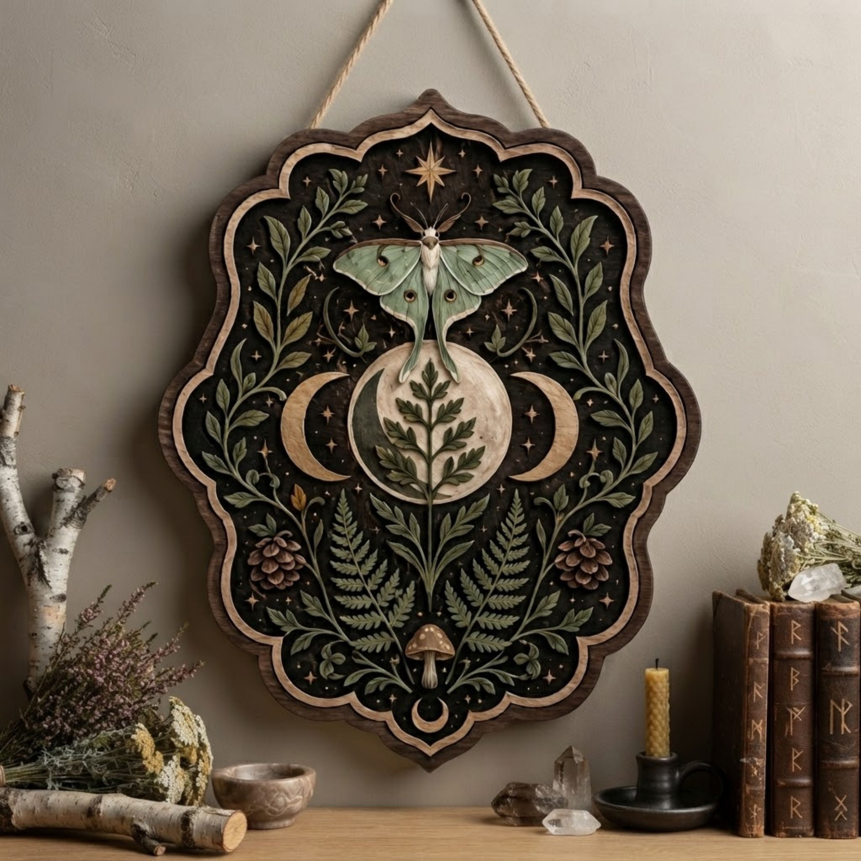 Luna Moth Triple Moon Wooden Sign - Mystical Botanical Wall Decor with Ferns, Pinecones & Mushroom