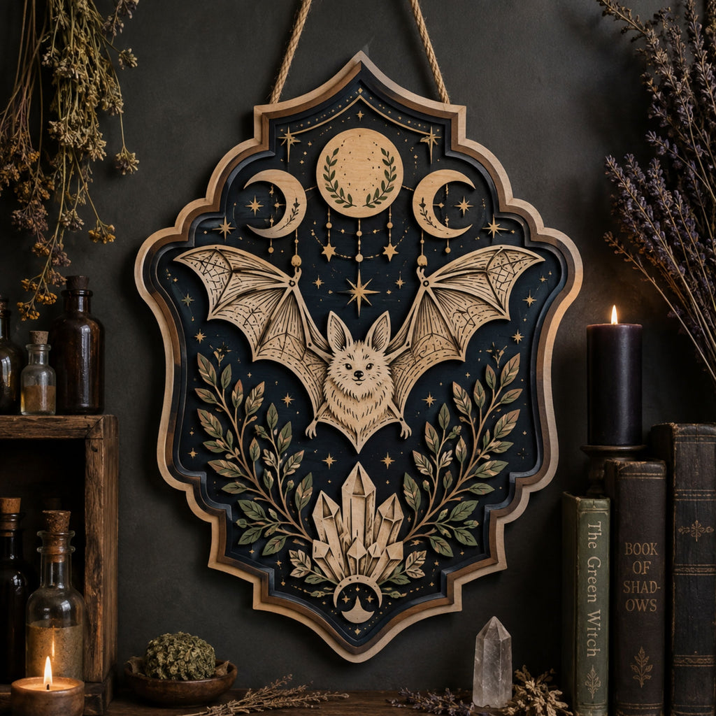 Celestial Bat Wooden Sign - Mystical Witchy Wall Decor with Triple Moon, Crystals & Botanicals