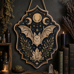 Celestial Bat Wooden Sign - Mystical Witchy Wall Decor with Triple Moon, Crystals & Botanicals