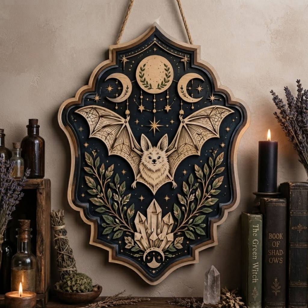 Celestial Bat Wooden Sign - Mystical Witchy Wall Decor with Triple Moon, Crystals & Botanicals